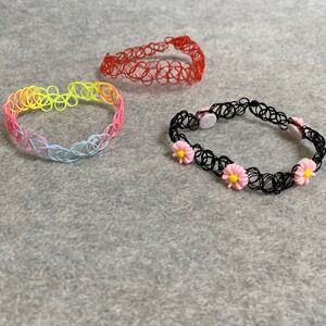 Choker Necklace 3 Pc Set Women OS Black Red Multi Daisy 90s Y2K Stretch Retro